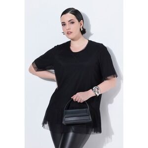 Ulla Popken Womens Layered Mesh Tee Black Short Sleeve Sheer Ruffle Tunic Top